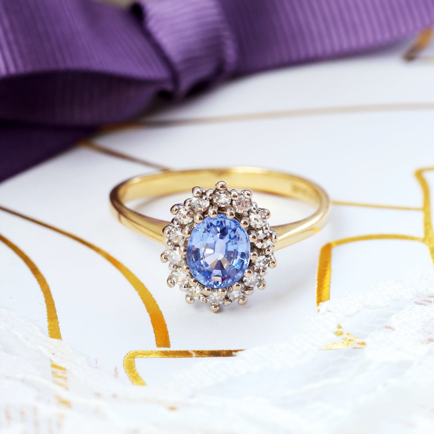 Vintage Ceylon Sapphire & Diamond Cluster Ring