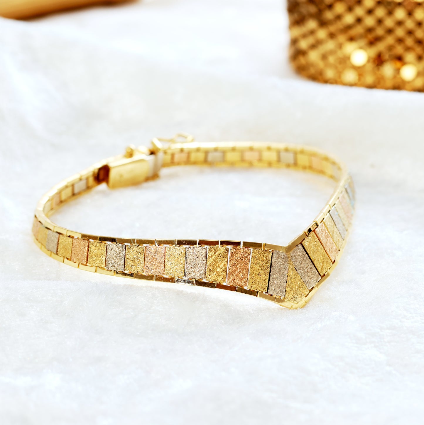 1970's Reversible Three Colour 18ct Gold 'V' Bracelet