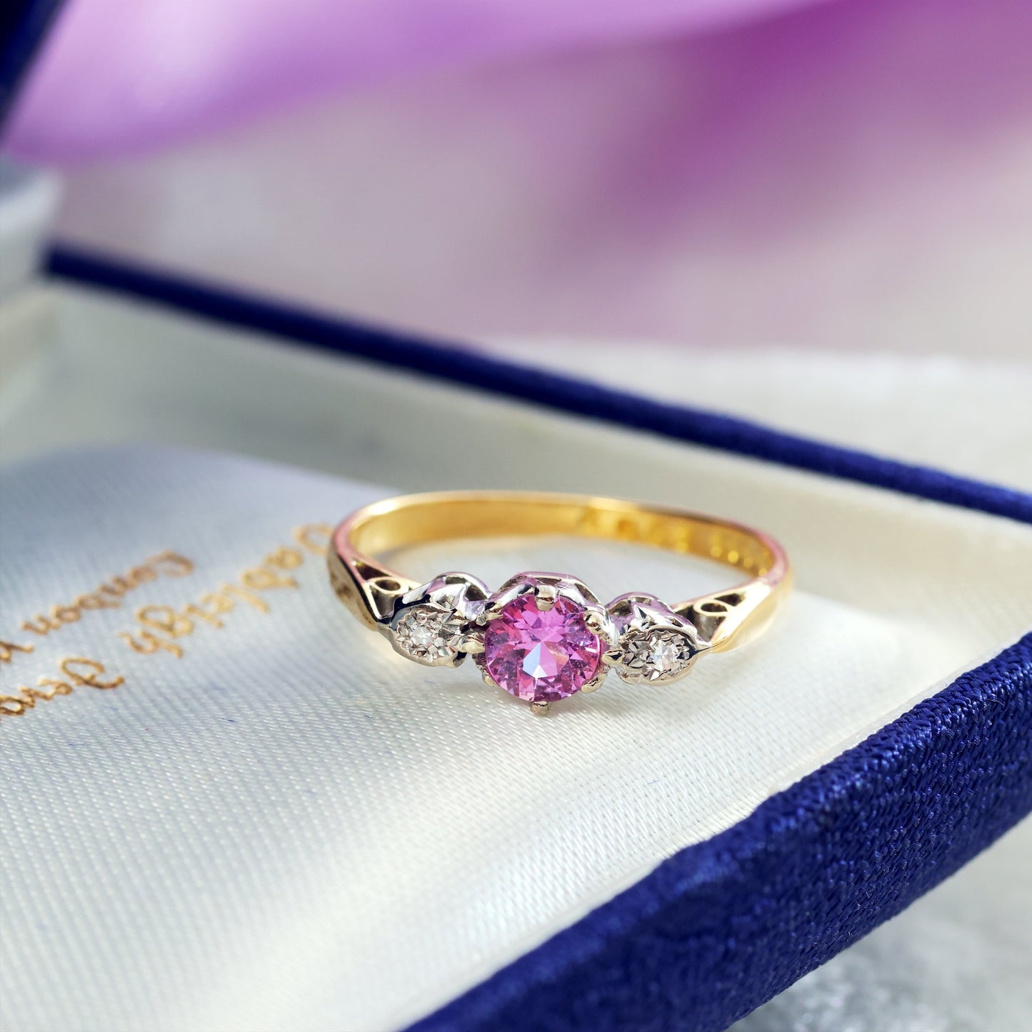 D132-VINTAGE-PINK-SAPPHIRE-DIAMOND-TRILOGY-YELLOW-GOLD-18CT-1970-ENGAGEMENT-RING-01_