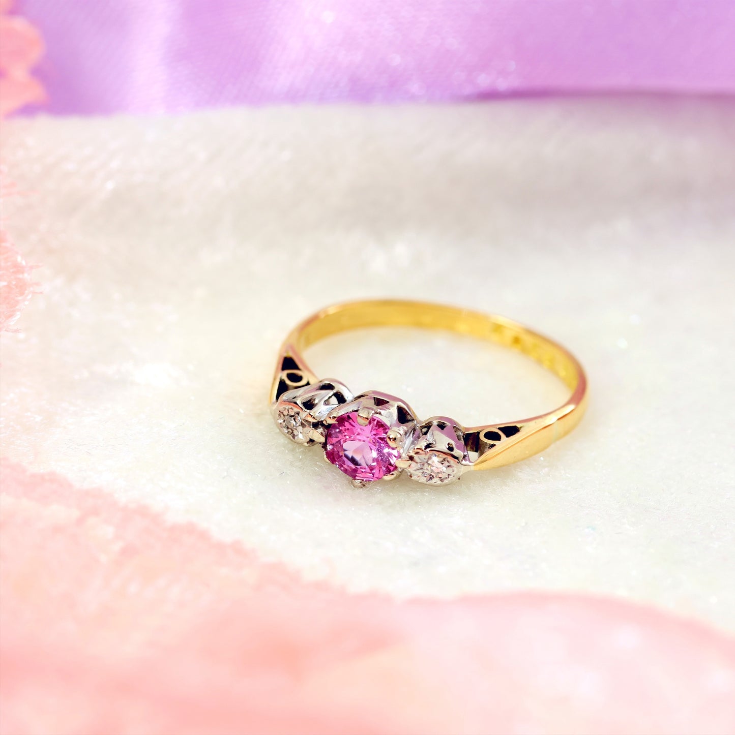 D132-VINTAGE-PINK-SAPPHIRE-DIAMOND-TRILOGY-YELLOW-GOLD-18CT-1970-ENGAGEMENT-RING-0