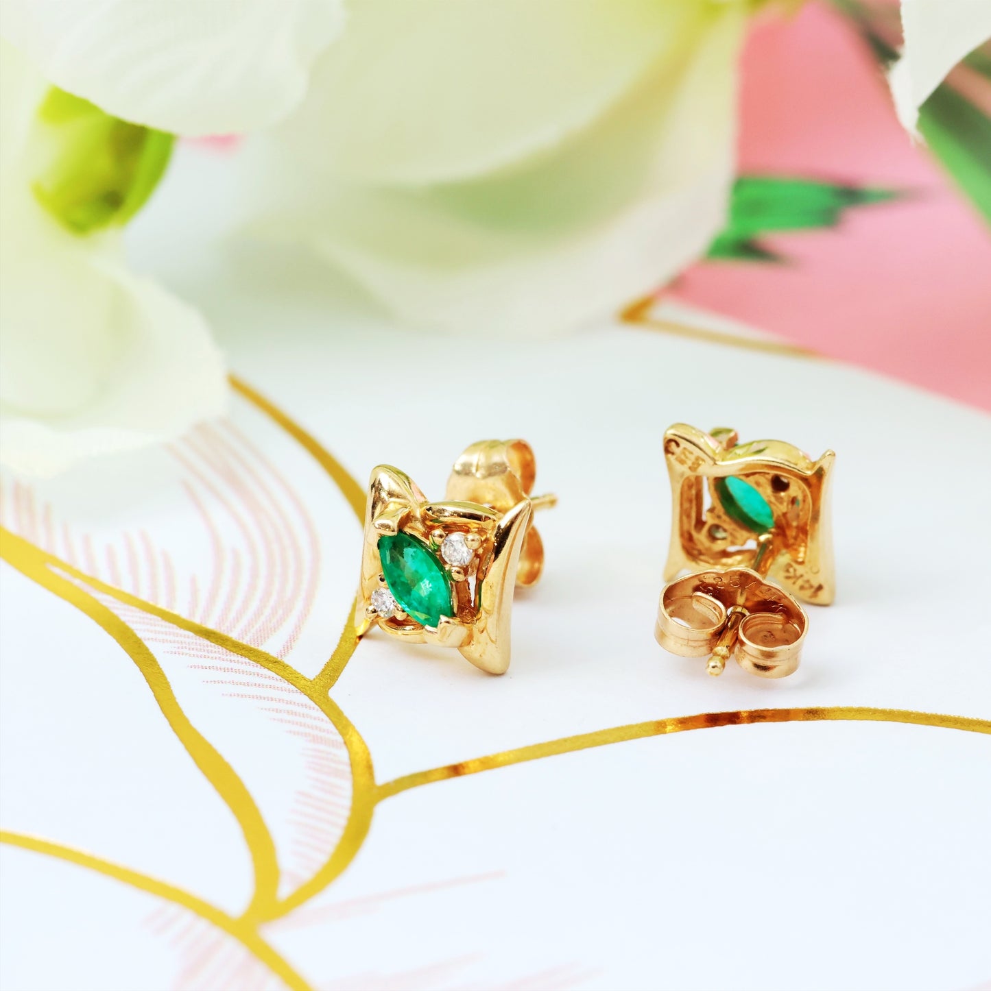 D160-VINTAGE-ITALIAN-EMERALD-DIAMOND-STUD-EARRINGS-14CT-YELLOW-GOLD-EARRING-MARQUISE-STYLE