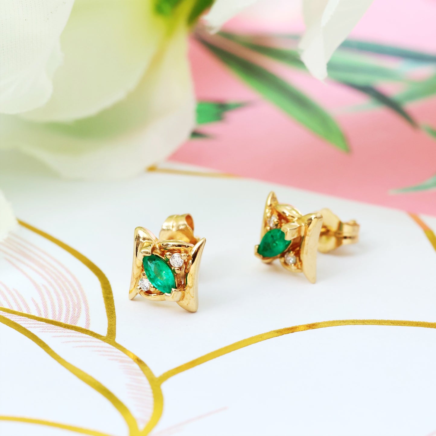 Vintage 1980's Italian Emerald & Diamond Stud Earrings