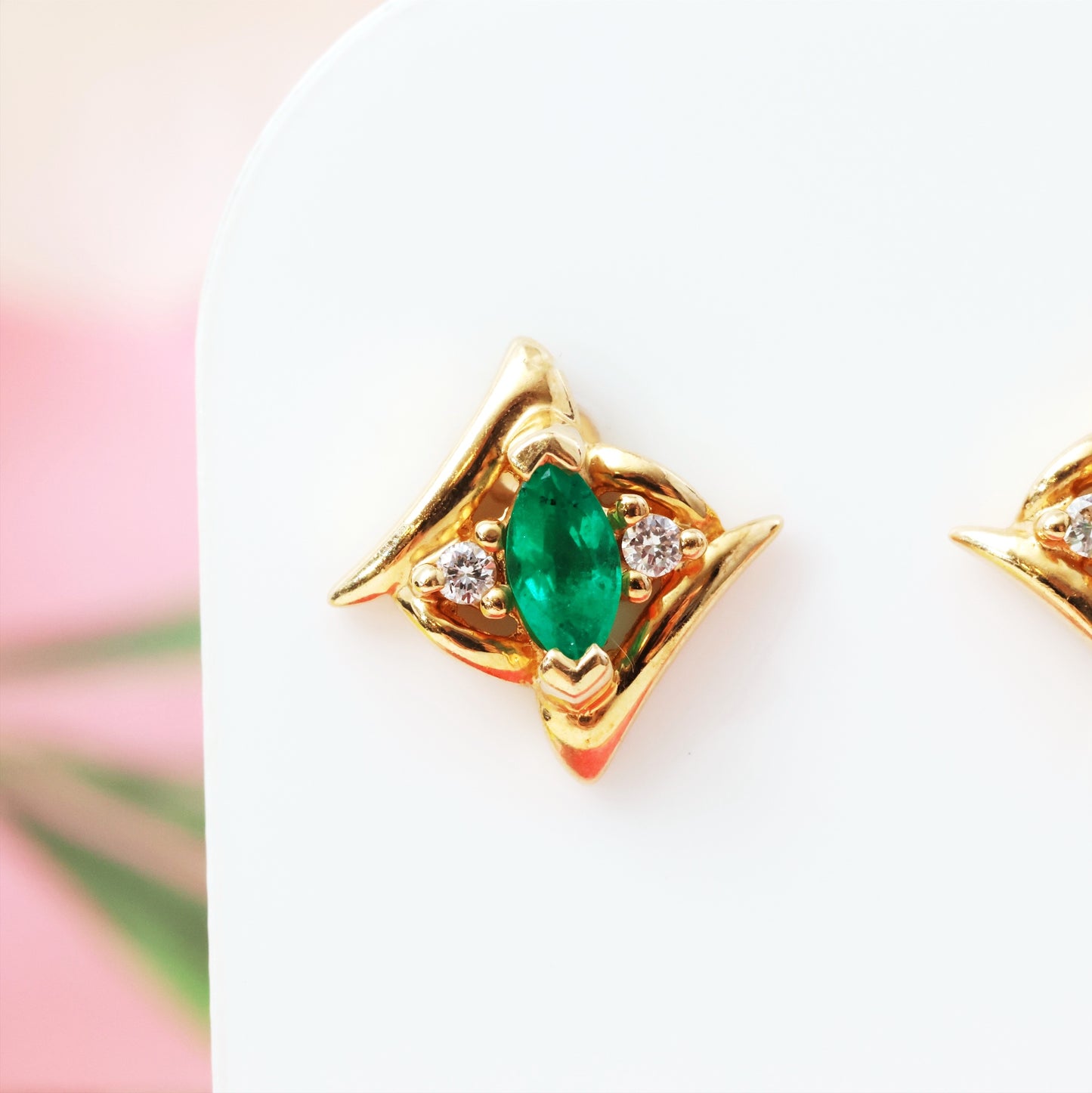 Vintage 1980's Italian Emerald & Diamond Stud Earrings