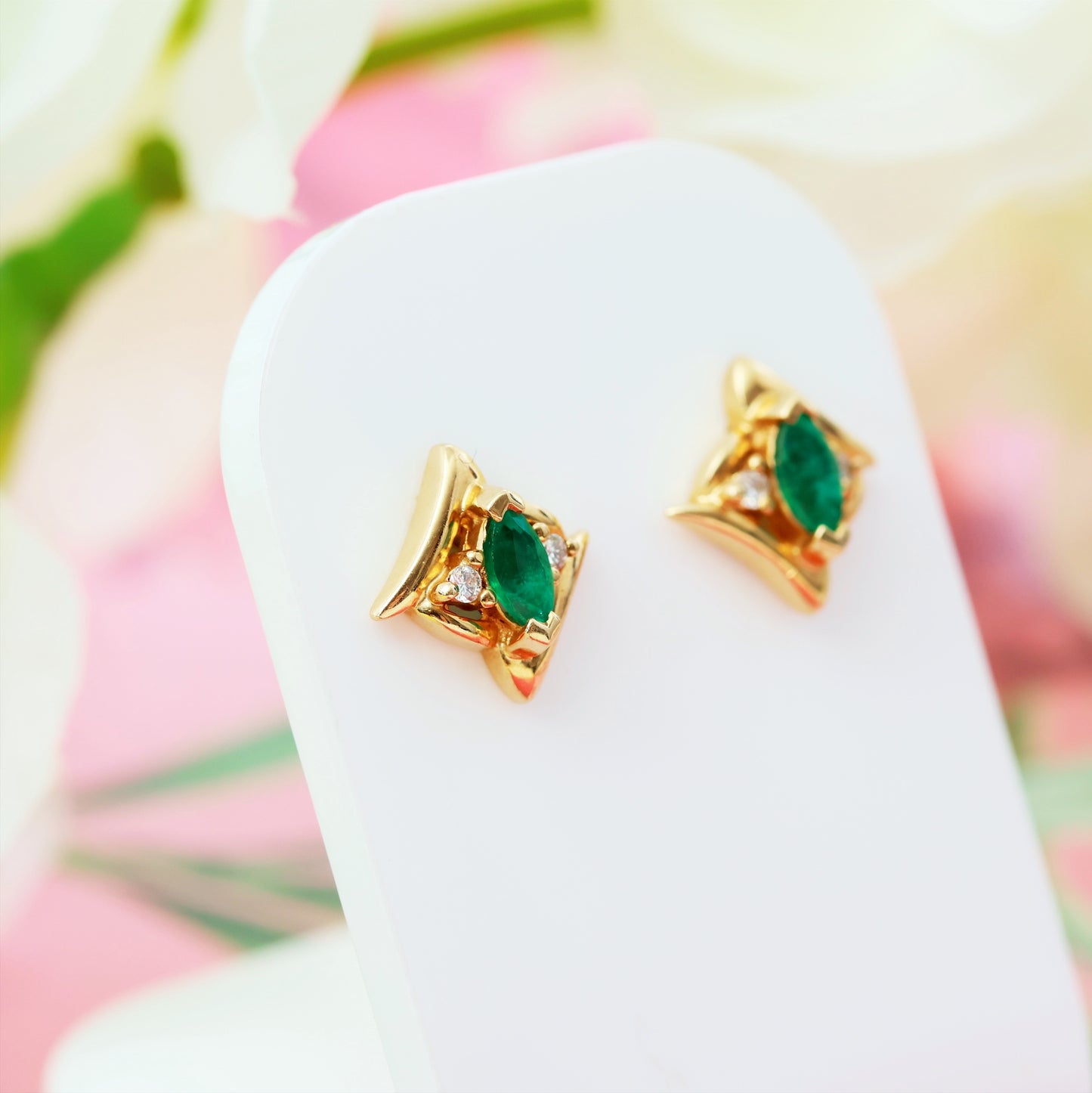 Vintage 1980's Italian Emerald & Diamond Stud Earrings