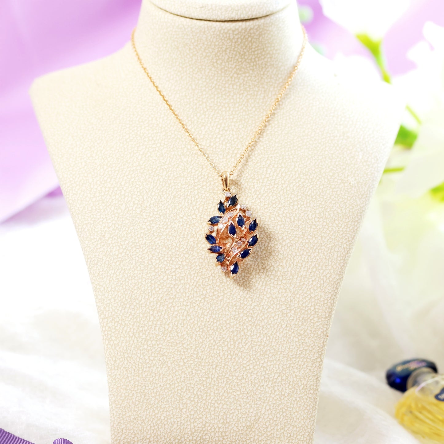 Vintage 1980's Sapphire & Diamond Jewelled Leaf Pendant