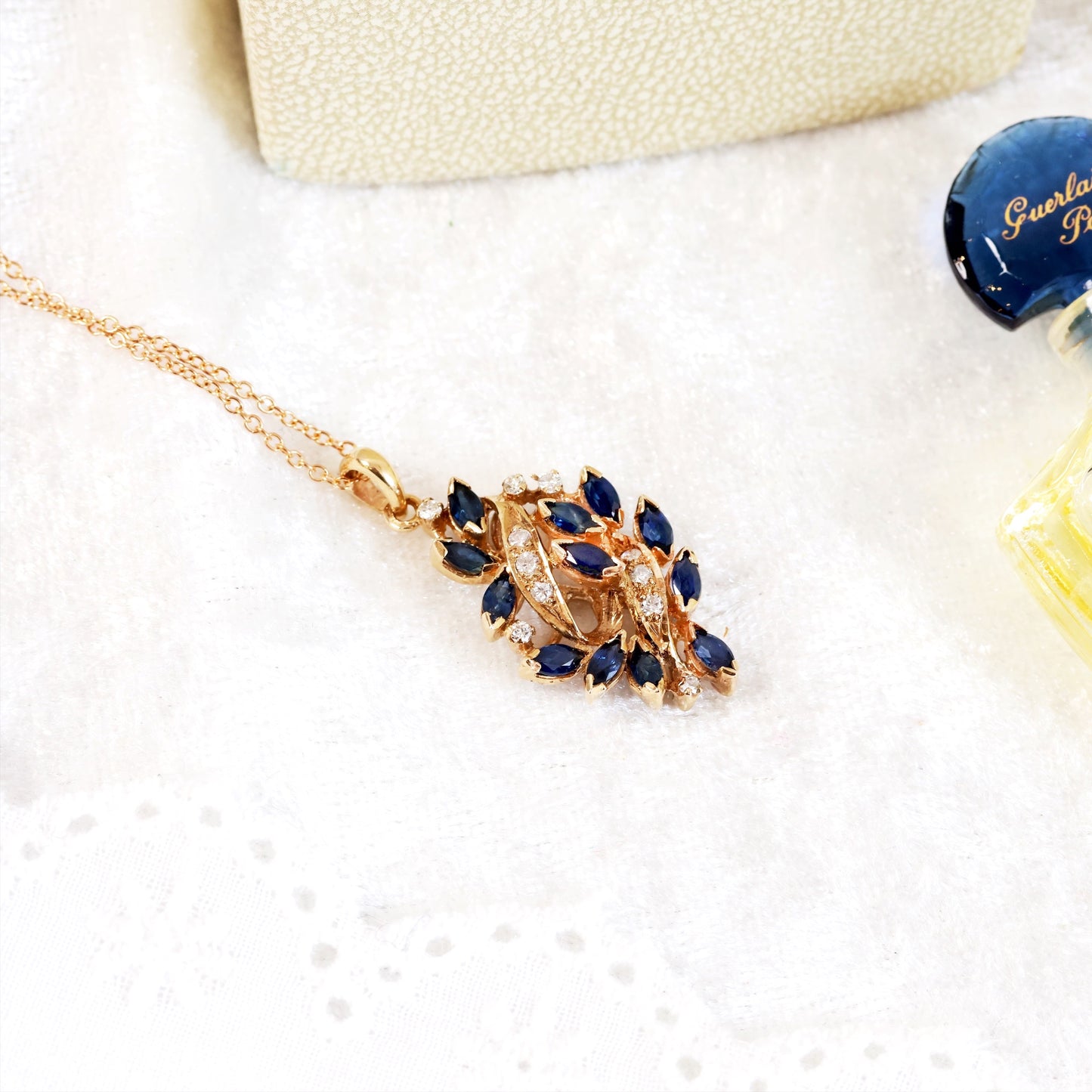 Vintage 1980's Sapphire & Diamond Jewelled Leaf Pendant