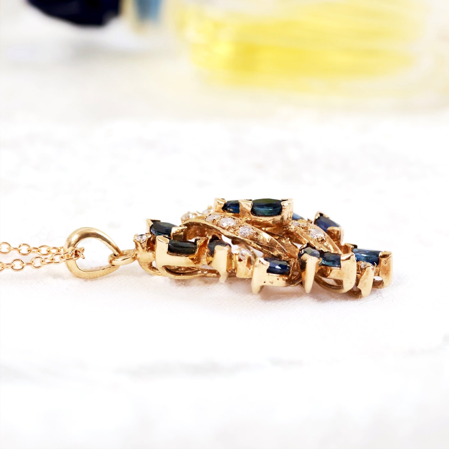 Vintage 1980's Sapphire & Diamond Jewelled Leaf Pendant