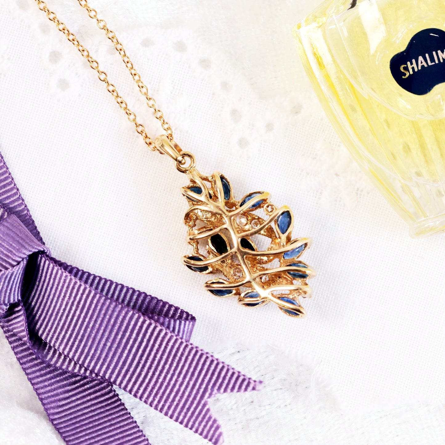 Vintage 1980's Sapphire & Diamond Jewelled Leaf Pendant