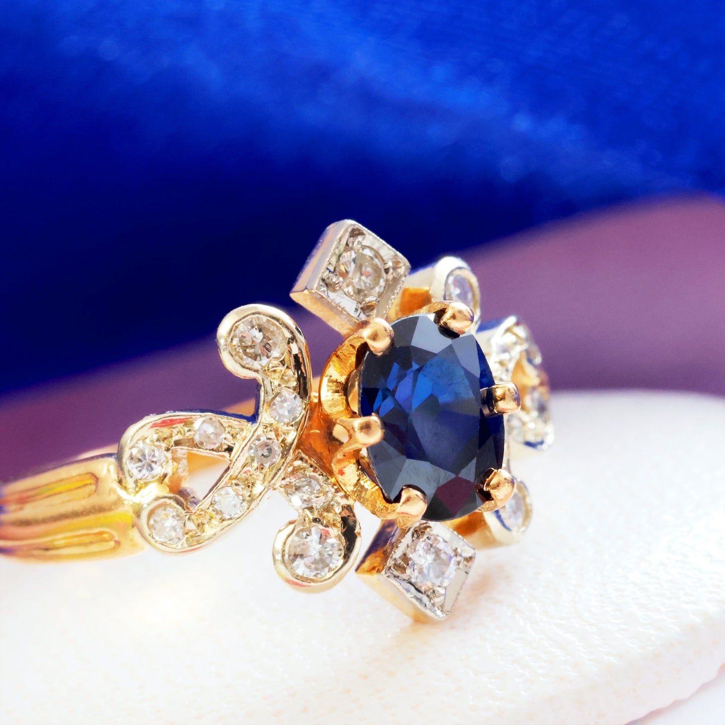 Finest French Sapphire & Diamond Engagement Ring
