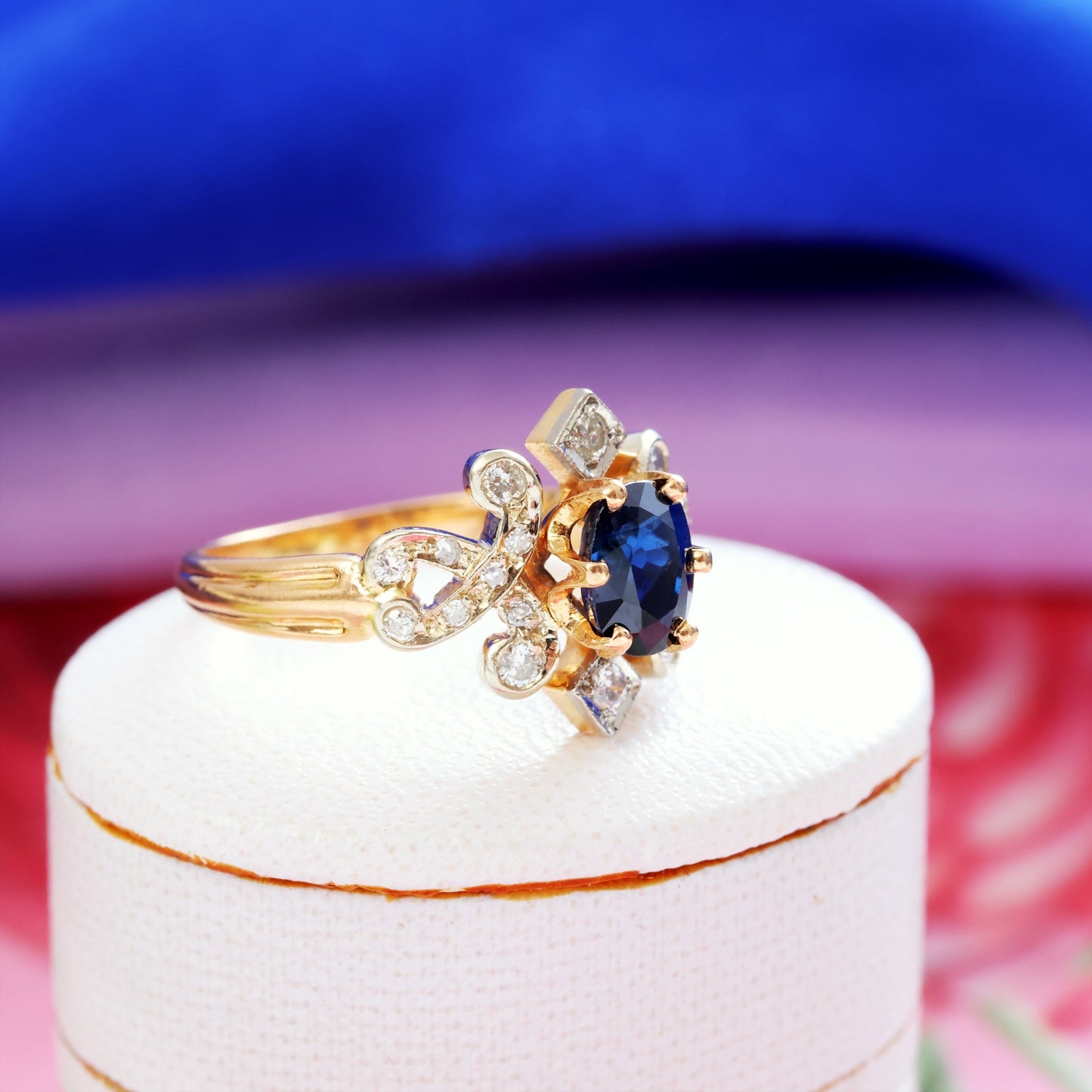 D176-VINTAGE-FRENCH-BLUE-SAPPHIRE-DIAMOND-18CT-YELLOW-GOLD-RING-WEDDING