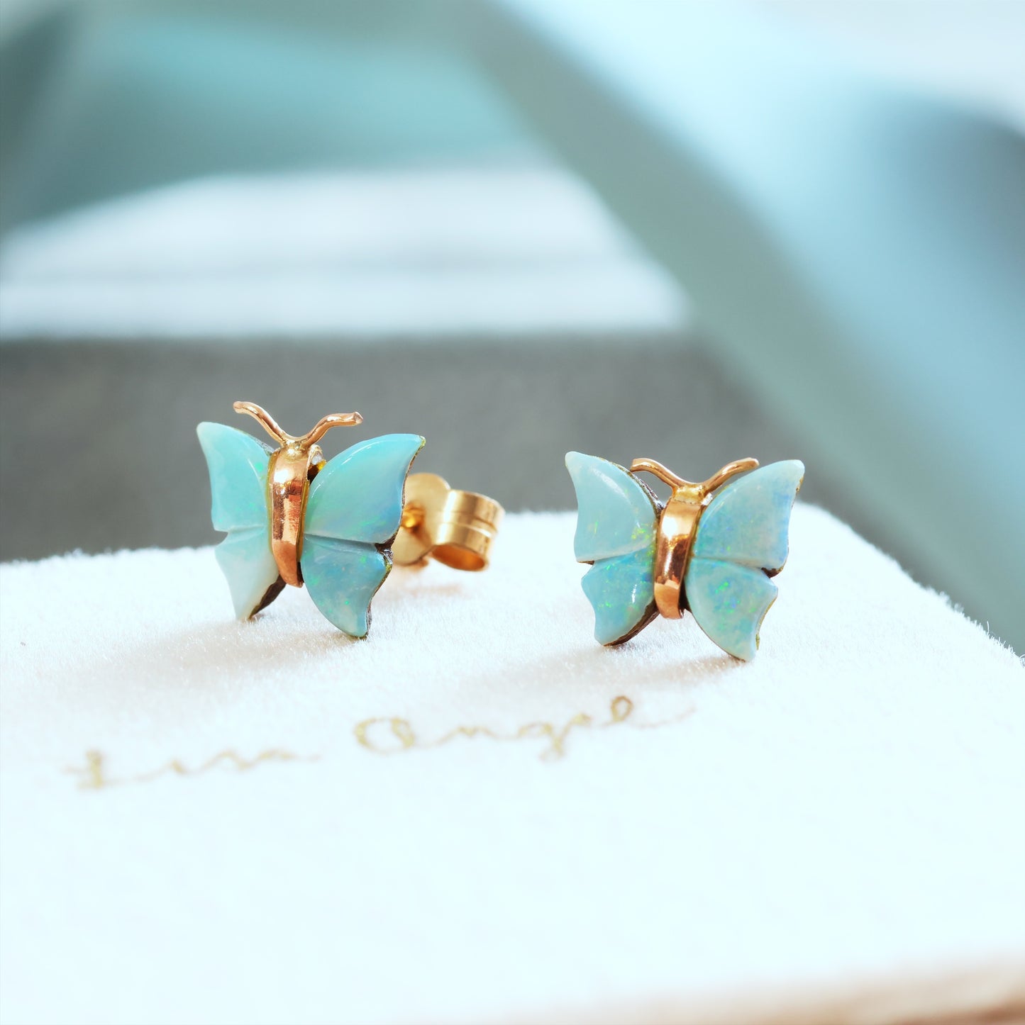 Dainty Vintage Opal & 9ct Gold Stud Butterfly Earrings