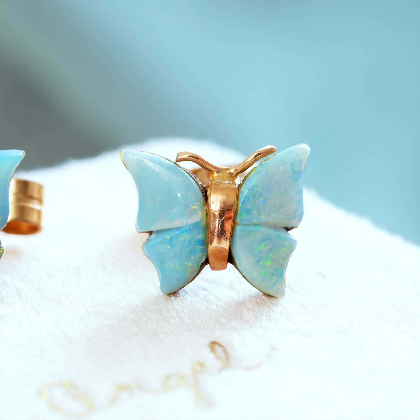Dainty Vintage Opal & 9ct Gold Stud Butterfly Earrings