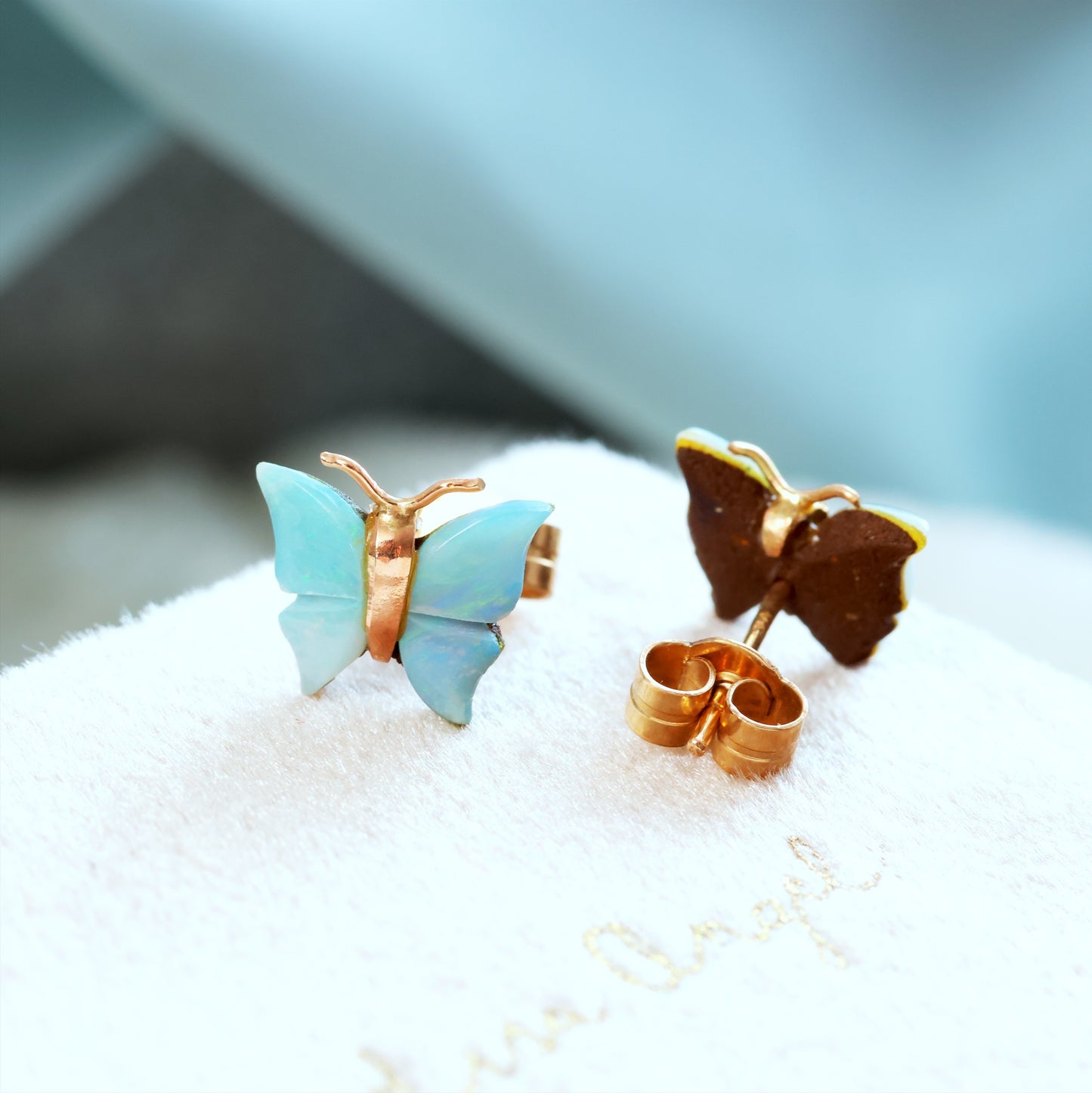Dainty Vintage Opal & 9ct Gold Stud Butterfly Earrings