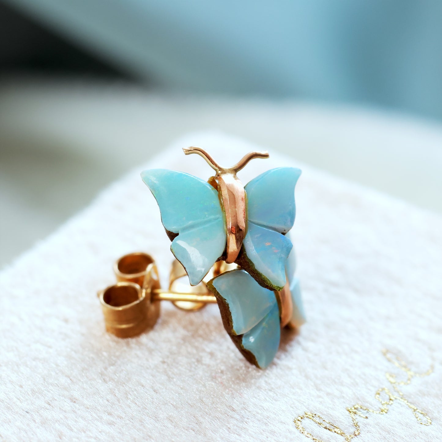 Dainty Vintage Opal & 9ct Gold Stud Butterfly Earrings