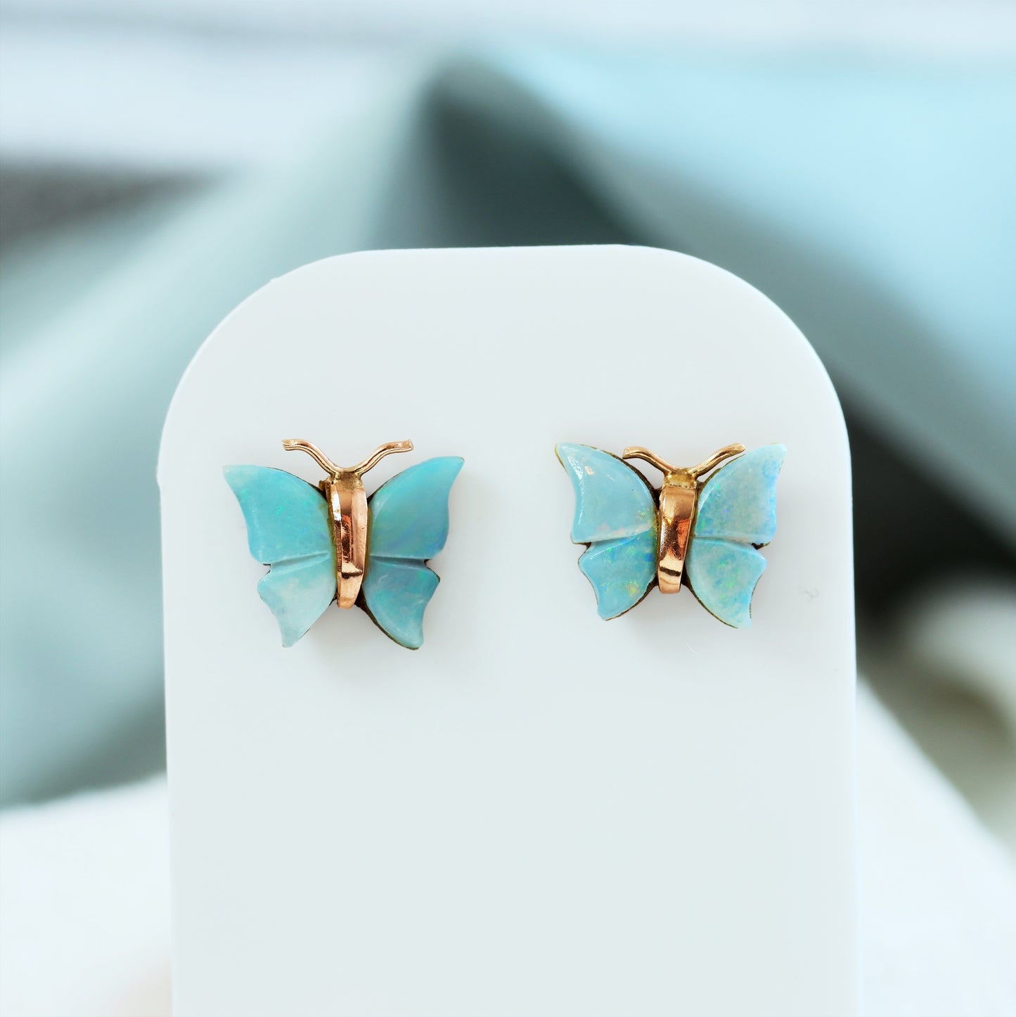 Dainty Vintage Opal & 9ct Gold Stud Butterfly Earrings