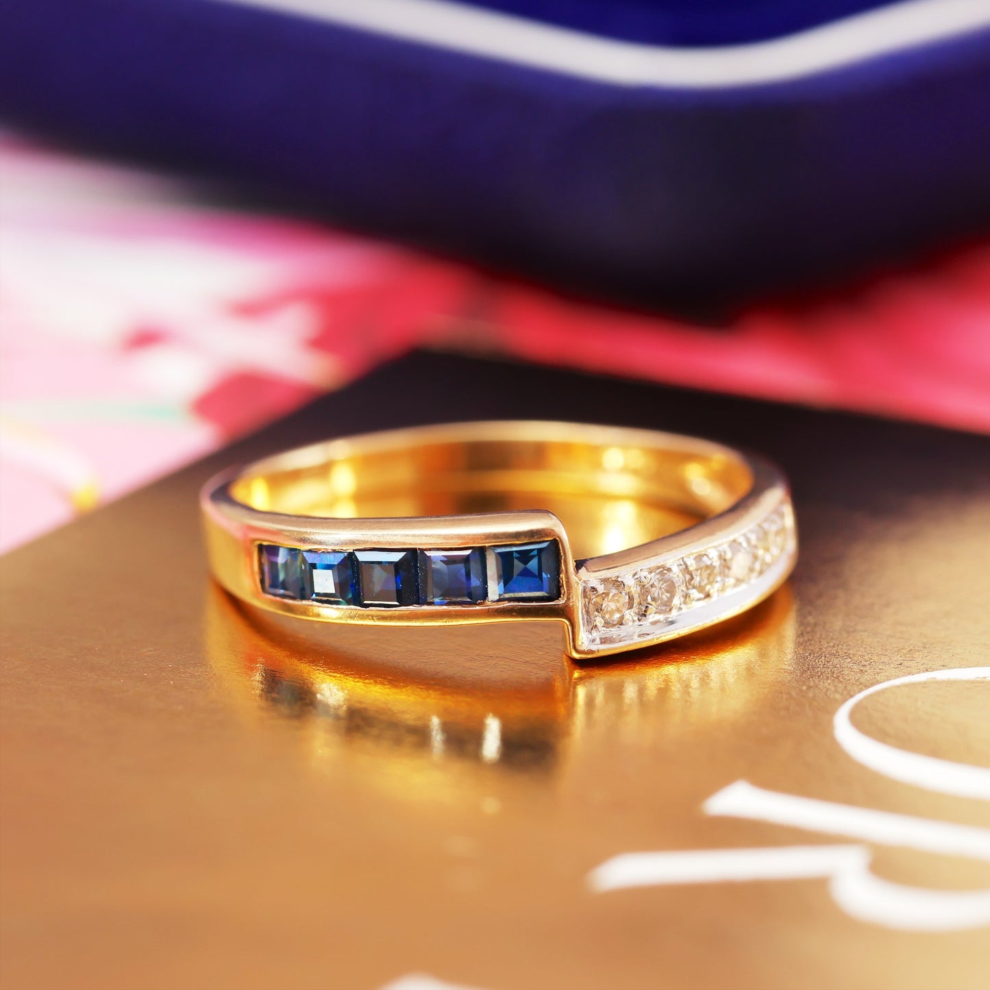 D193-VINTAGE-ASYMMETRY-DRESS-SAPPHIRE-DIAMOND-9CT-YELLOW-GOLD-BAND-BLUE-SAPPHIRE-RING
