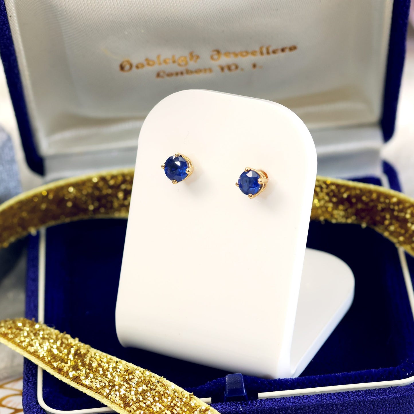 Gorgeous Vintage Bright Blue Sapphire Stud Earrings