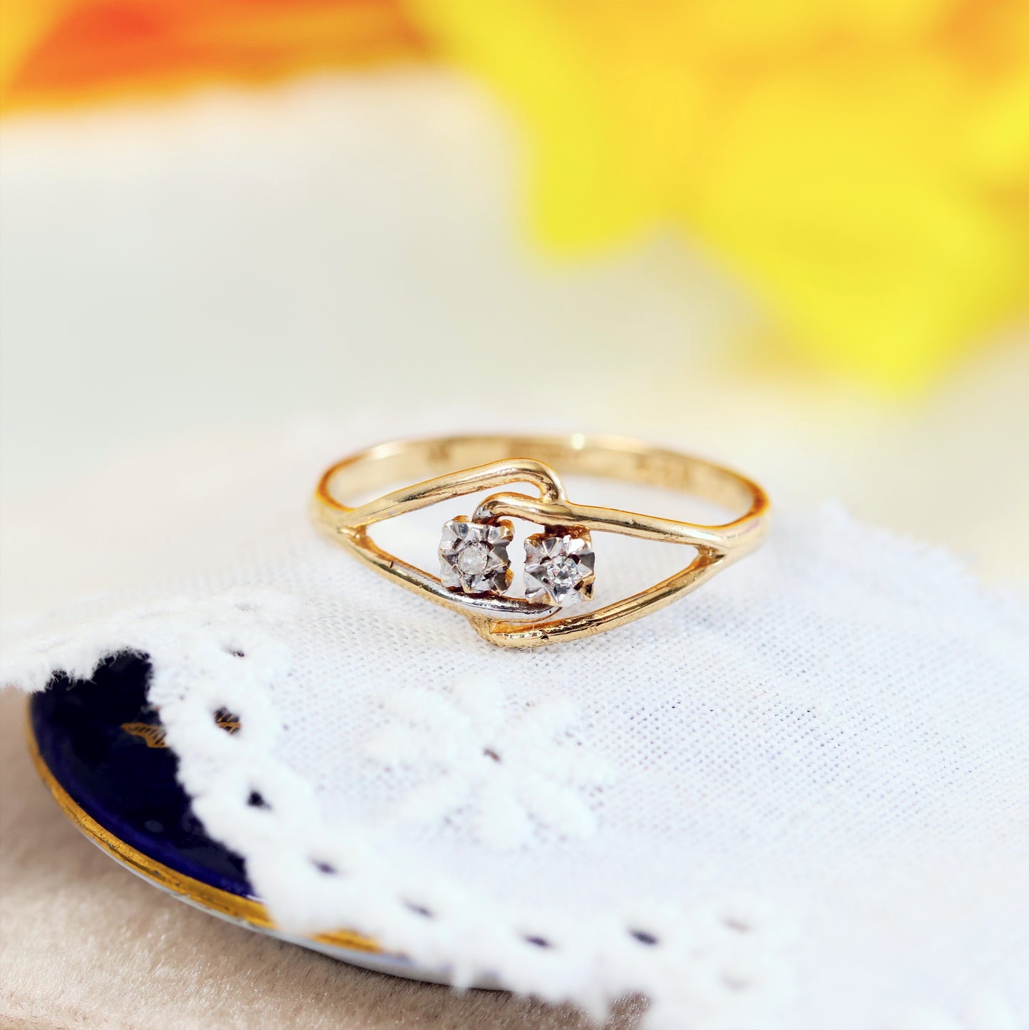 Vintage Date 1980 Modernist Diamond Gold Engagement Ring