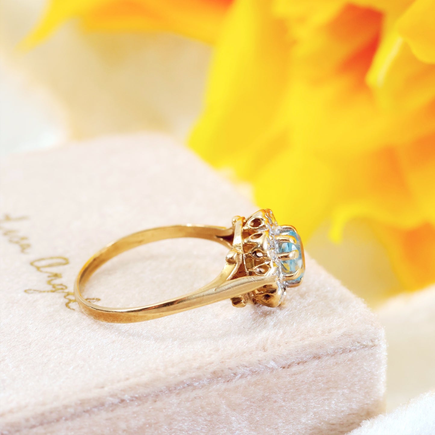 Vintage Date 1990 Aquamarine & Diamond Cluster Engagement Ring