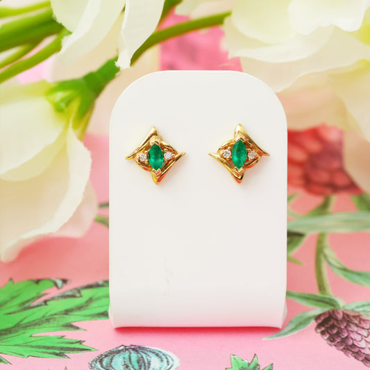Vintage 1980's Italian Emerald & Diamond Stud Earrings