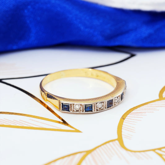 D178-VINTAGE-SQUARE-CUT-SAPPHIRE-DIAMOND-HALF-ETERNITY-YELLOW-18CT-WEDDING-BAND-RING-010