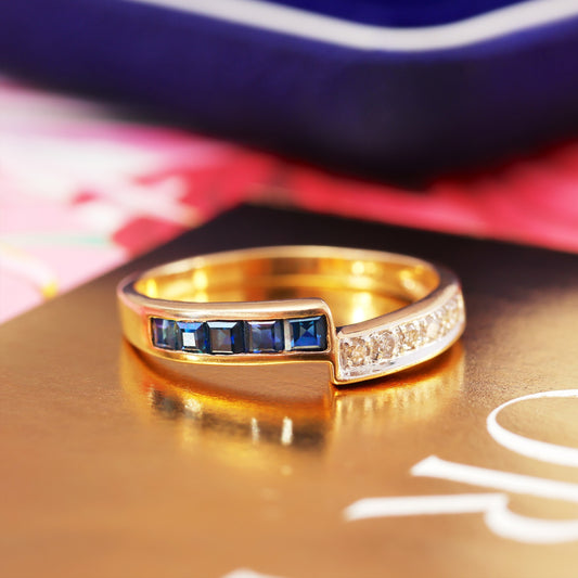 D193-VINTAGE-ASYMMETRY-DRESS-SAPPHIRE-DIAMOND-9CT-YELLOW-GOLD-BAND-BLUE-SAPPHIRE-RING